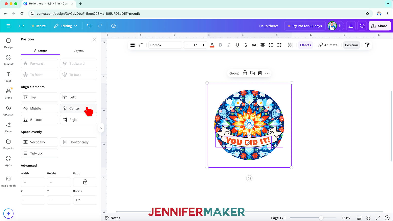 You can use the Arrange menu in Canva to align several elements with each other, such as clicking "Center" to center all selected elements.