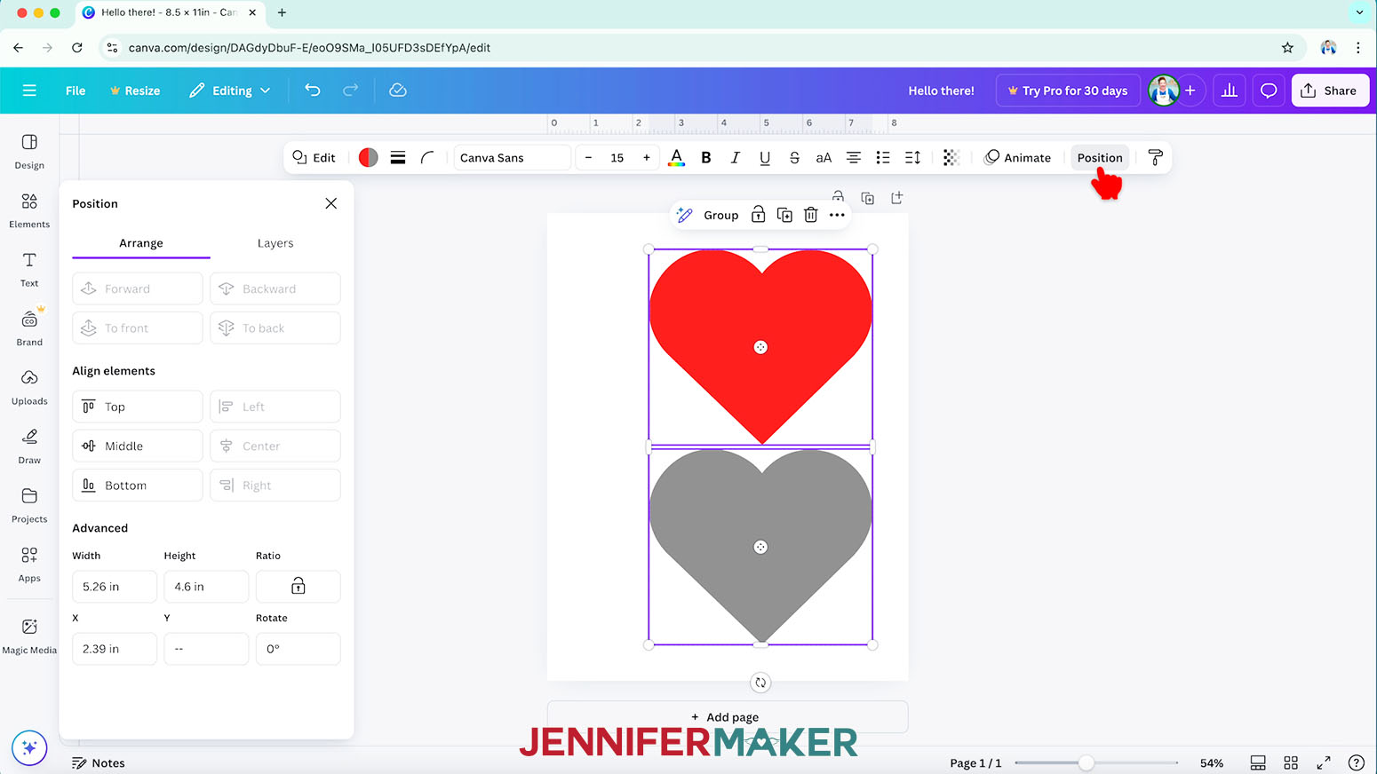 With an element selected on the Canva screen, click "Position" to bring up the Arrange menu.