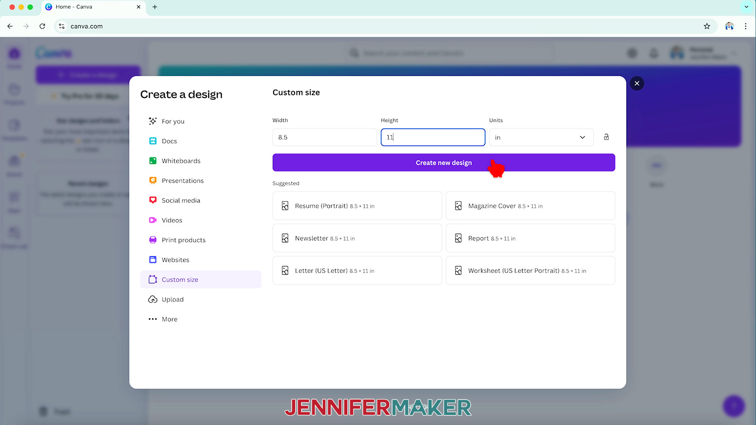 The custom size menu in Canva, with "8.5" typed in the Width field and "11" in the Height field. The units are changed to "in."