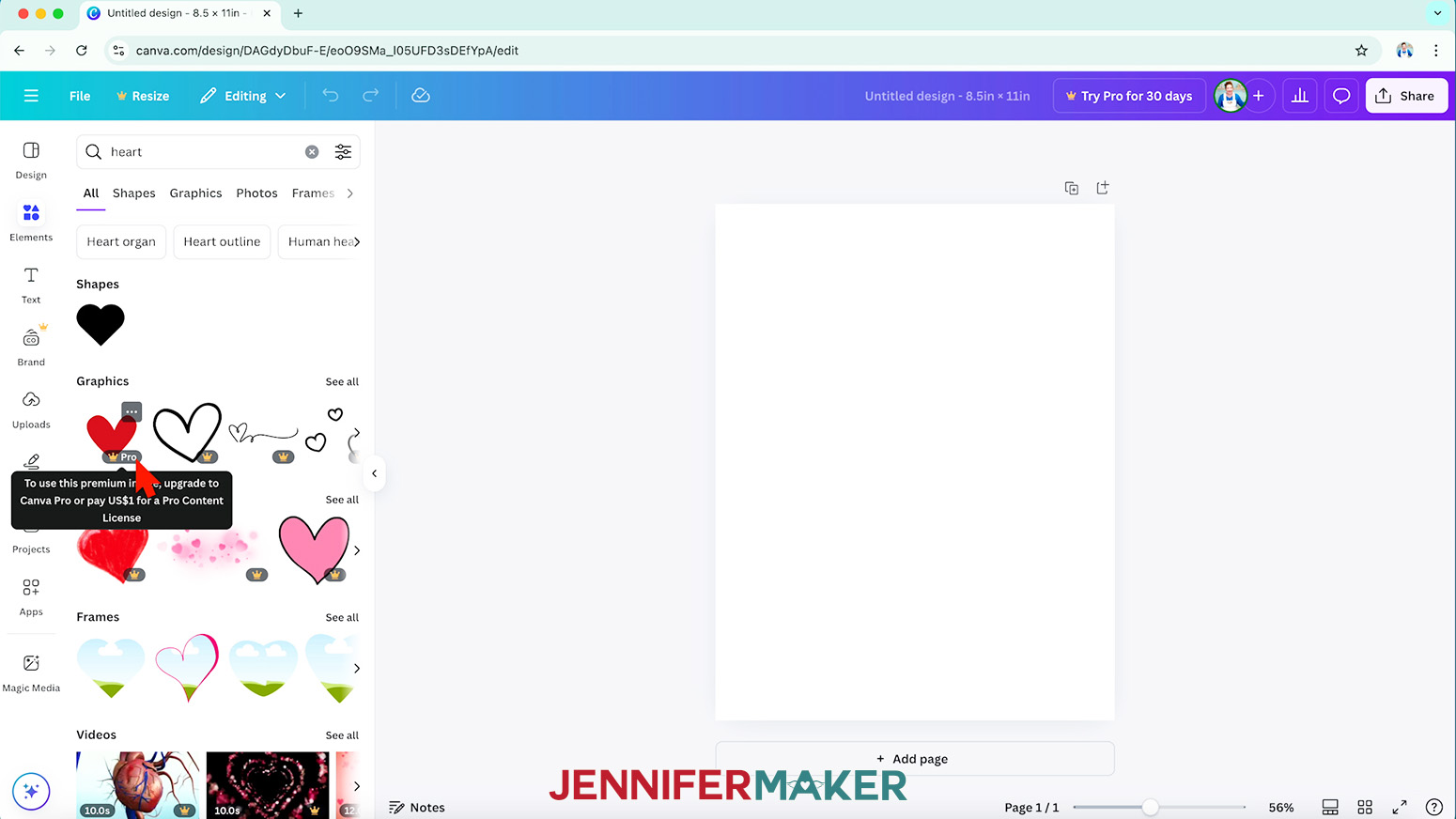 Some elements in Canva have crown icons on them, indicating they are not free.