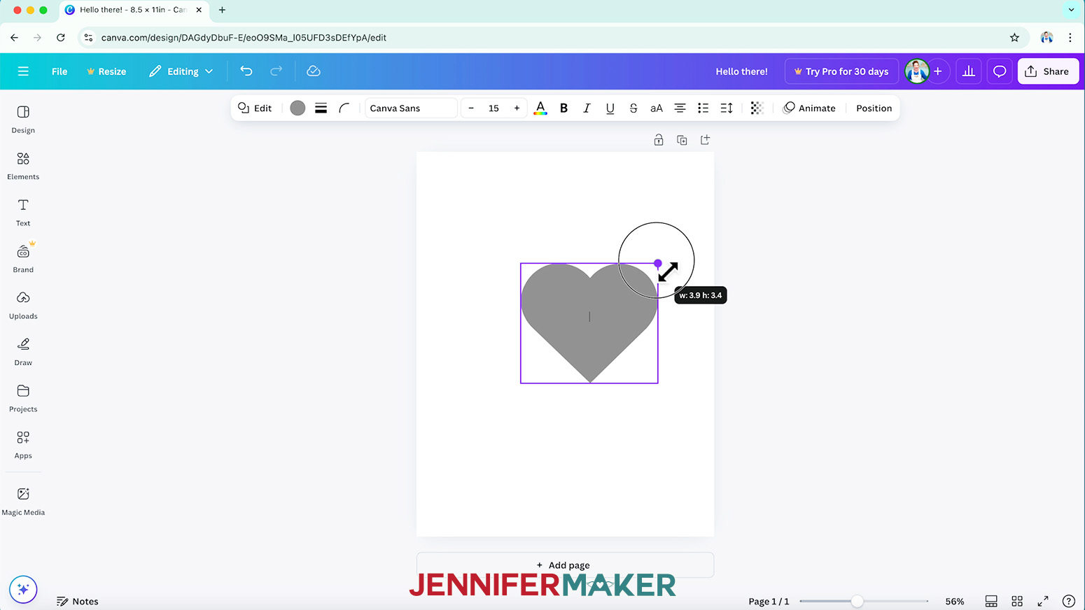 Use the corner handle of a shape's bounding box to resize it in Canva.