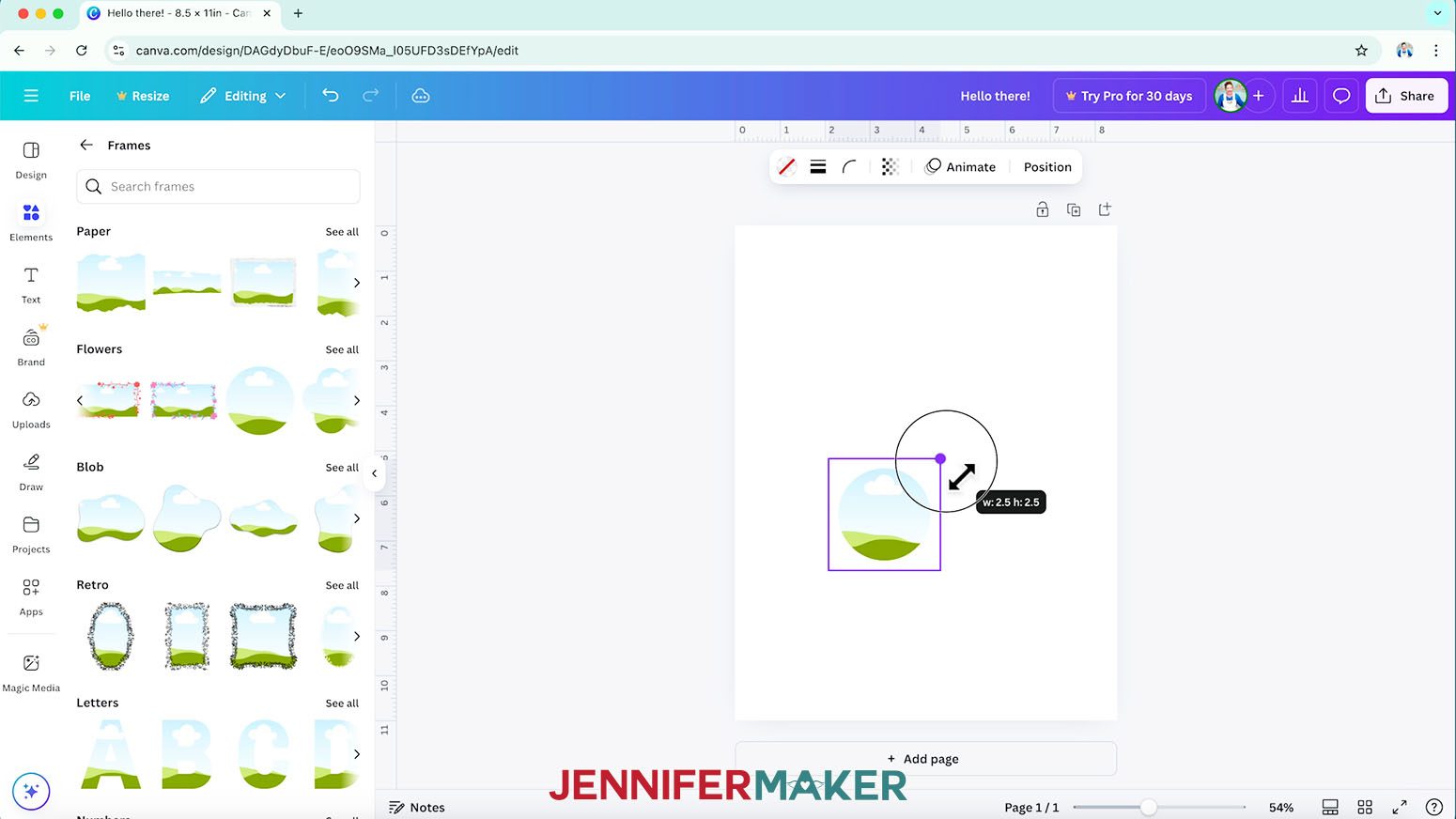 Under Elements in Canva, you can find and select a frame, like a circle, and resize it using its bounding box.