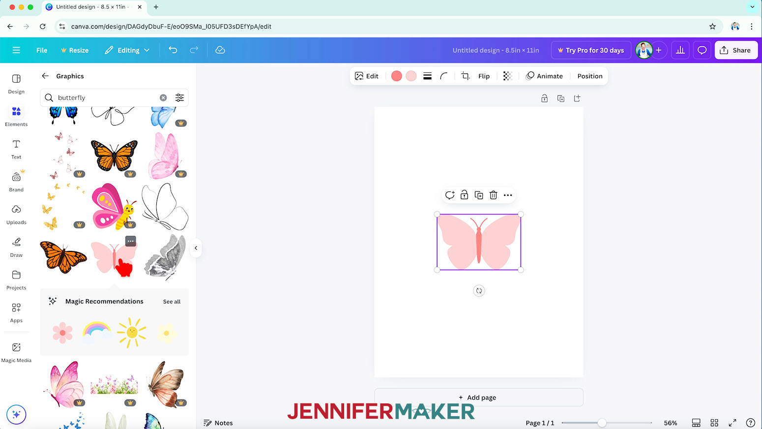 Under Elements in Canva, you can search for and select a graphic, like a butterfly, to add it to the canvas.