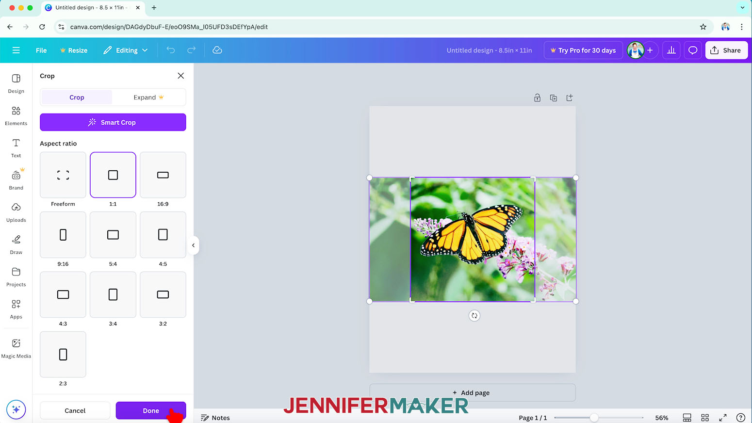 Use the Crop menu in Canva to crop photos to specific aspect ratios.