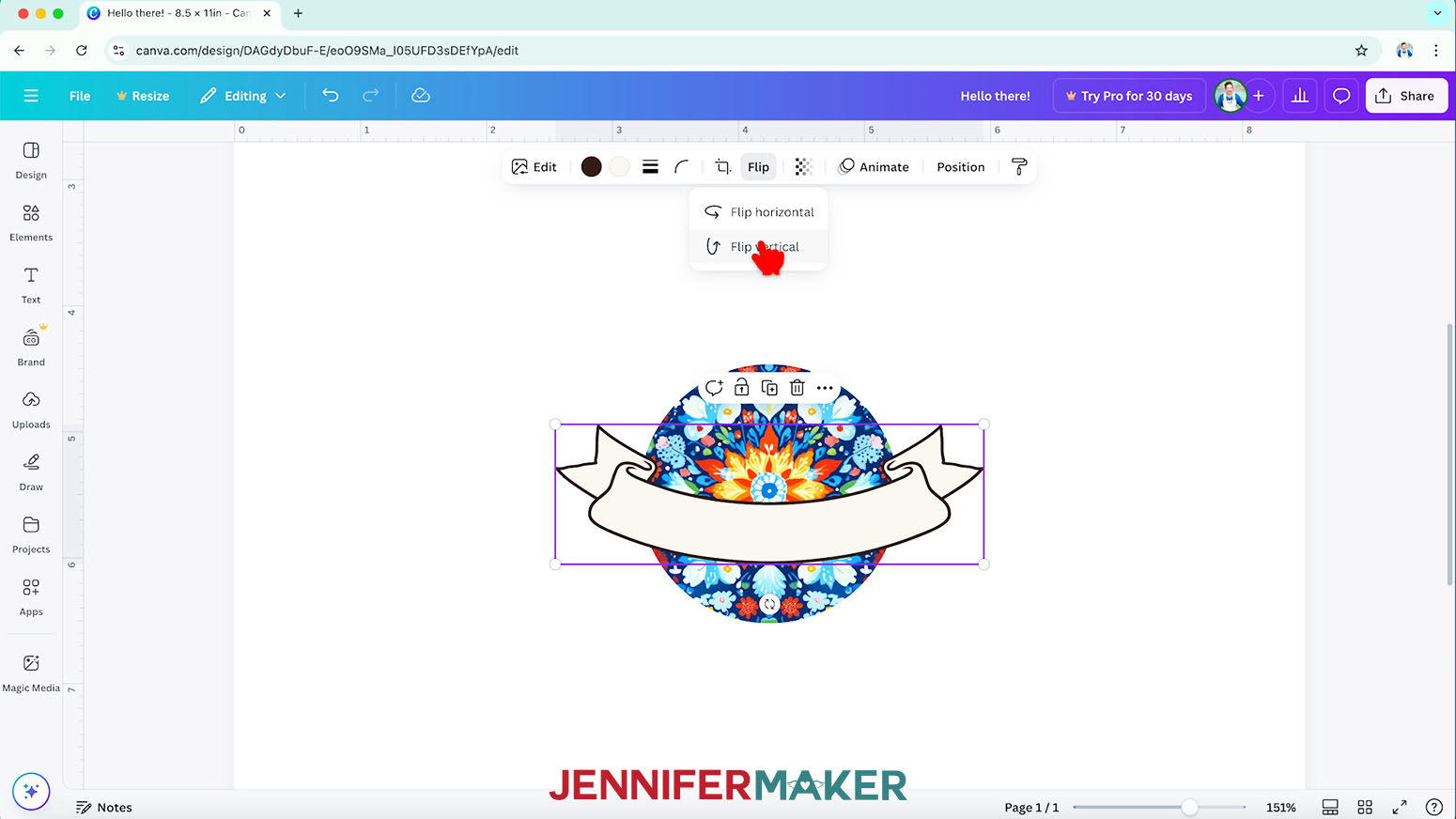 In Canva, use the Flip option in the banner's Edit menu to flip it horizontally or vertically.