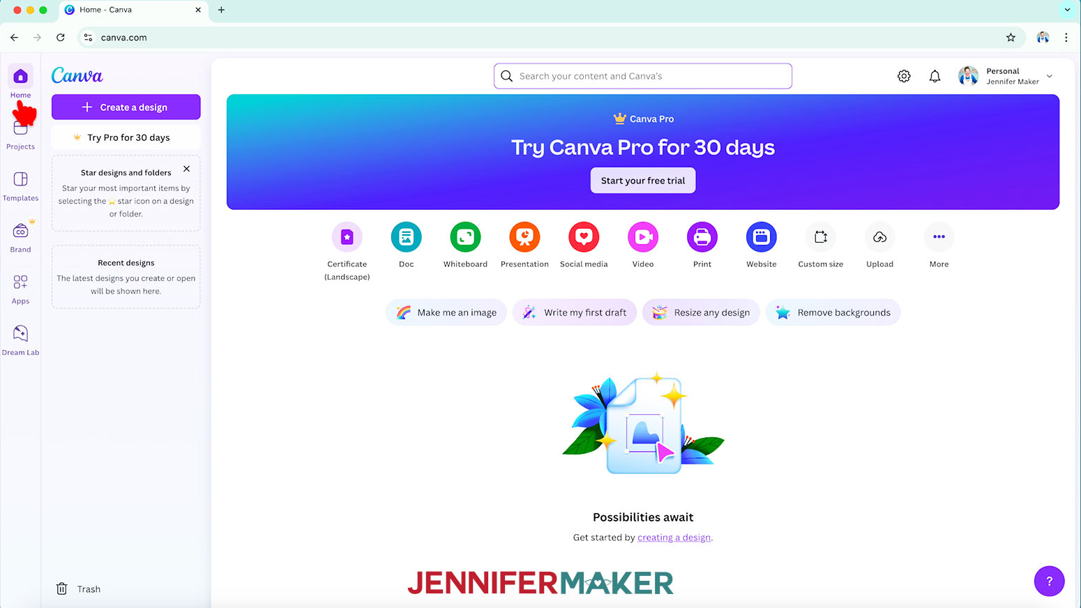 Canva's home screen, showing the pointer on the Home button.