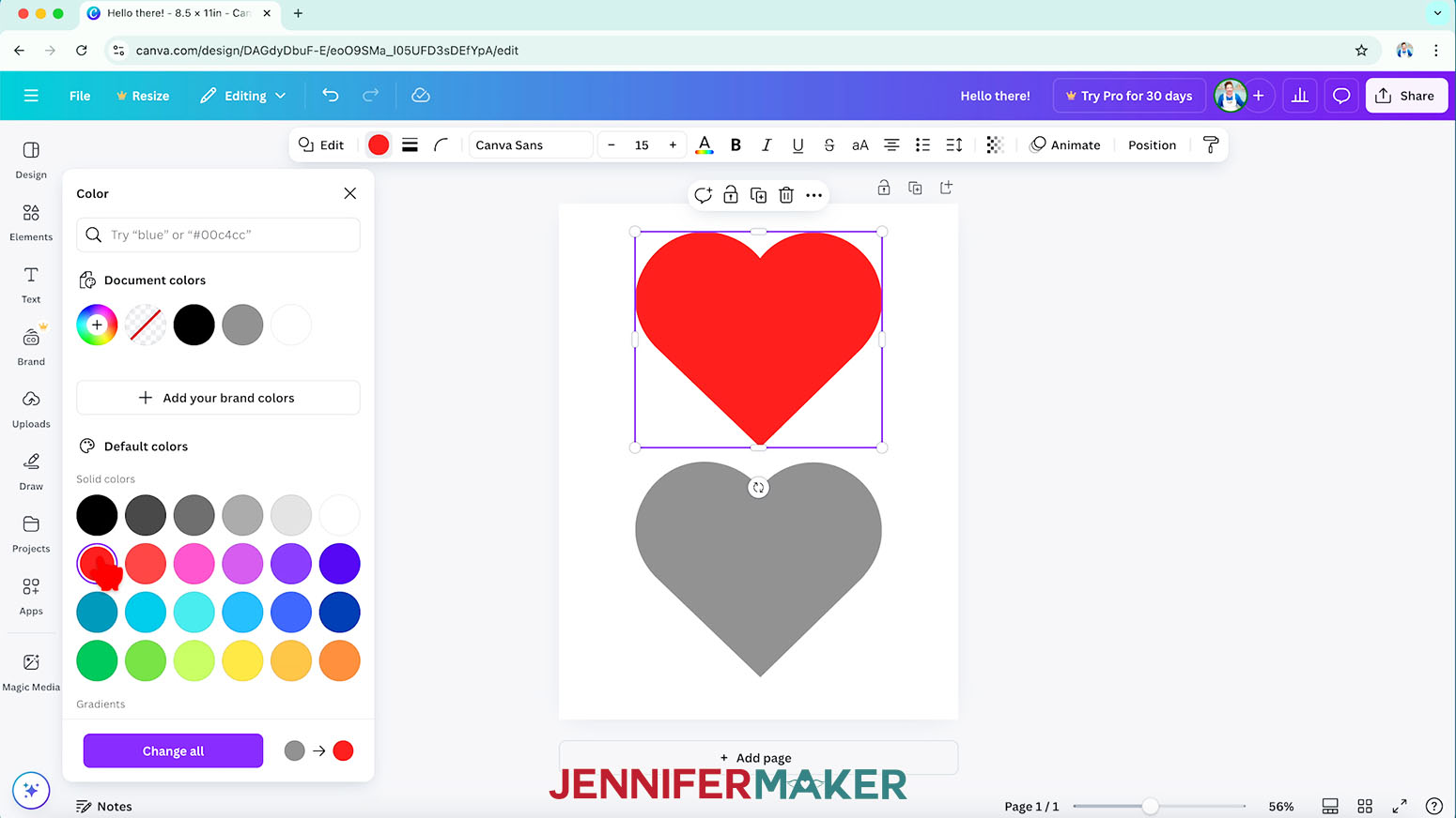 In Canva, click the color swatch in the top Edit menu above your heart shape to change its color from gray to red.