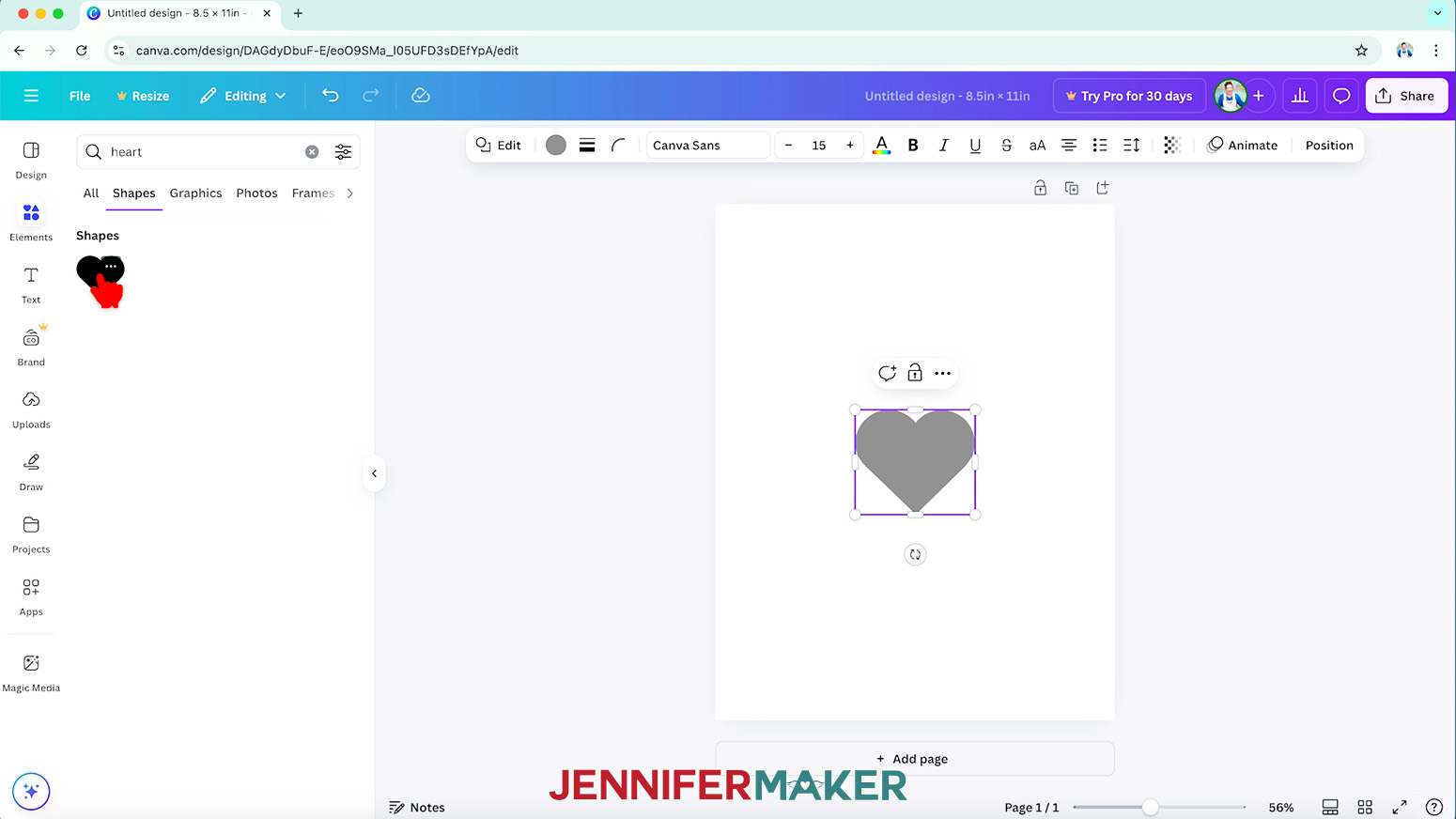 You can add a heart shape in Canva by clicking on Elements and then Shapes and searching for "heart."
