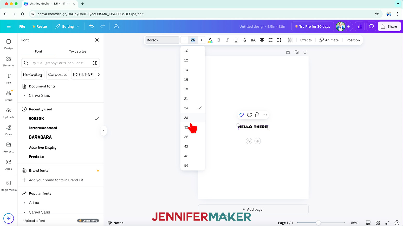 The “Text” menu in Canva's left column lets you add names and words to your canvas. You can also change the point size of the words.