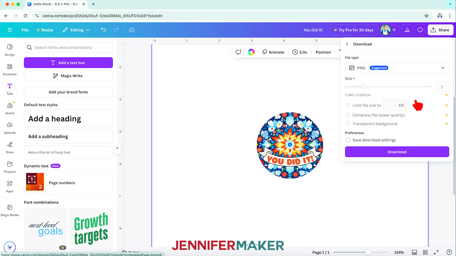 Click the Share button in Canva to download a completed design as a PNG.