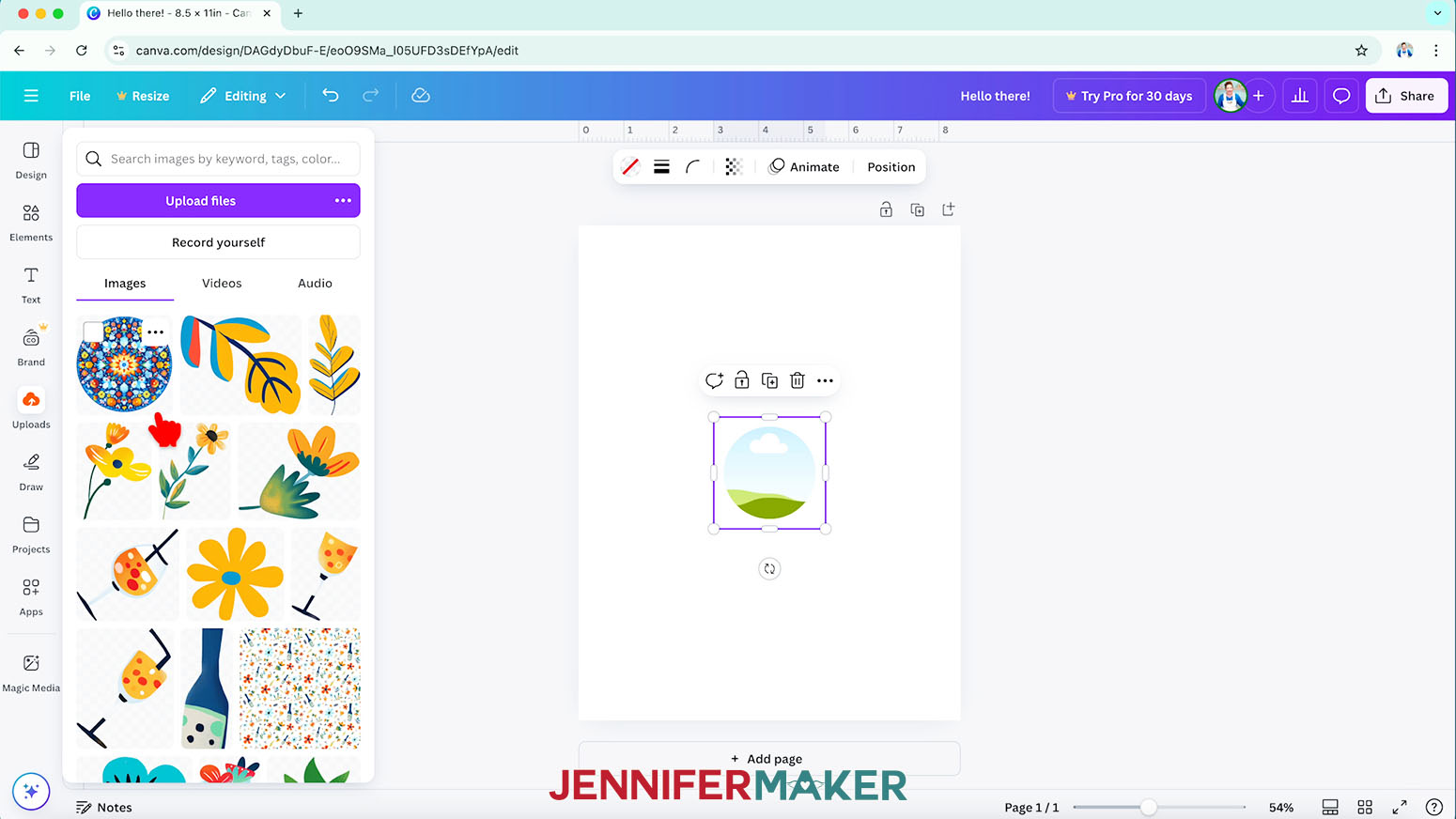 To fill a frame in Canva, click and drag an uploaded Image onto it.
