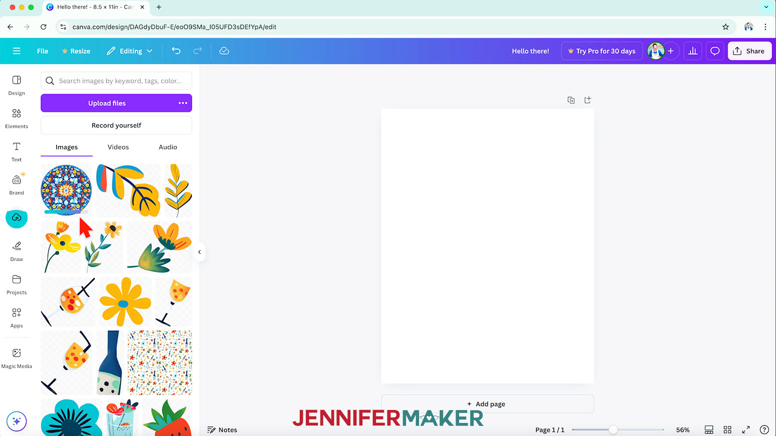Click on the Uploads menu in Canva to upload an image, like the JenniferMaker colorful circle PNG.
