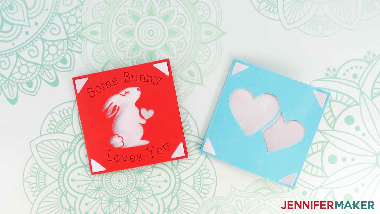 image showing complete bunny and heart designs for easy cricut cards