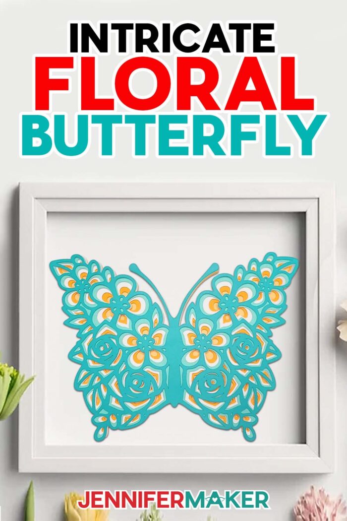 Make this intricate layered floral butterfly in Jennifer's Tutorial! A layered teal and yellow cardstock butterfly with intricate cutouts is inside a shadow box.