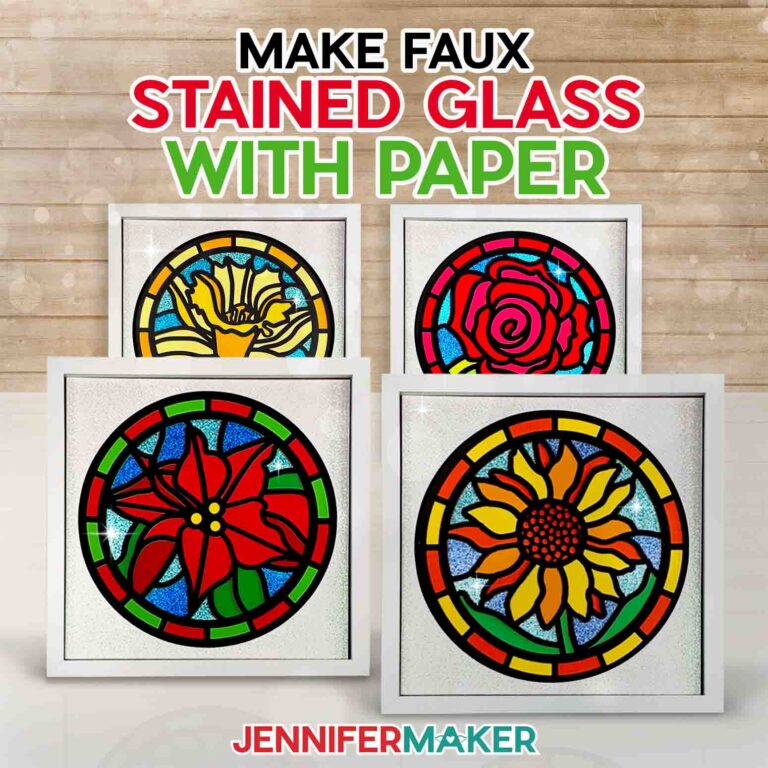 Make layered paper stained glass windows with Jennifer Maker's tutorial! Image shows four colorful floral stained glass shadowboxes in white frames.