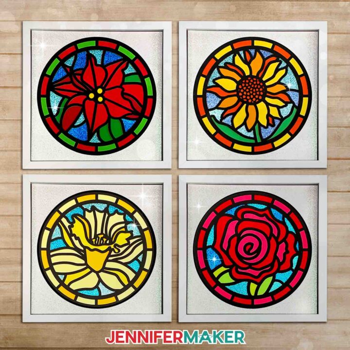 Make layered paper stained glass windows with Jennifer Maker's tutorial! Image shows four colorful floral stained glass shadowboxes in white frames.