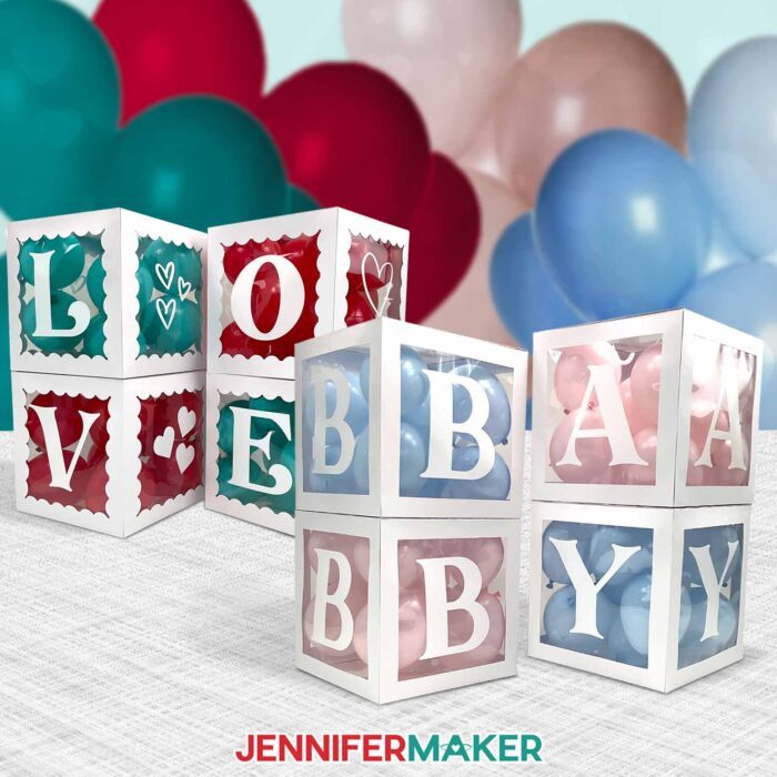 Learn how to make DIY Balloon Boxes with Letters with Jennifer Maker's tutorial! Two sets of four letter boxes, one spelling out "LOVE" and the other spelling out "BABY" are filled with colored balloons.