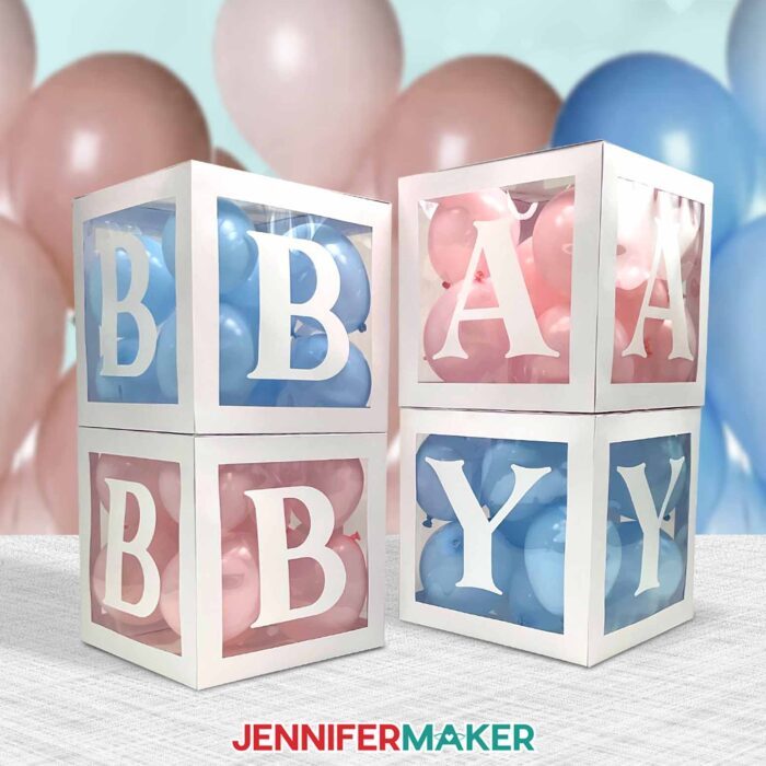 Learn how to make DIY Balloon Boxes with Letters with Jennifer Maker's tutorial! A set of four letter boxes spells out "BABY" and is filled with pastel pink and blue colored balloons.