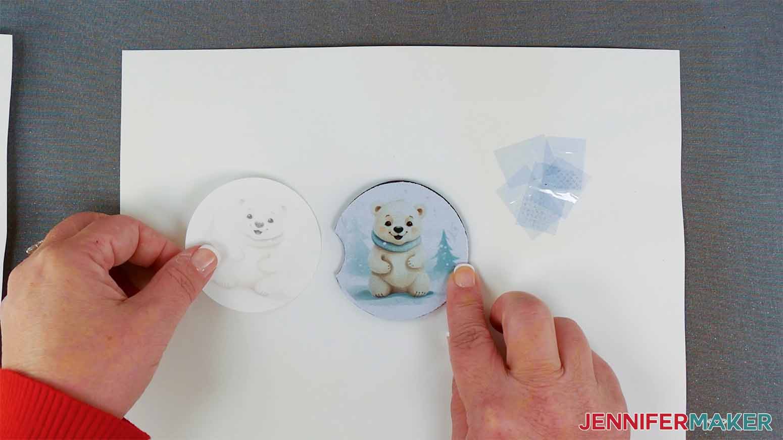 Finished neoprene sublimation coaster with winter polar bear design.