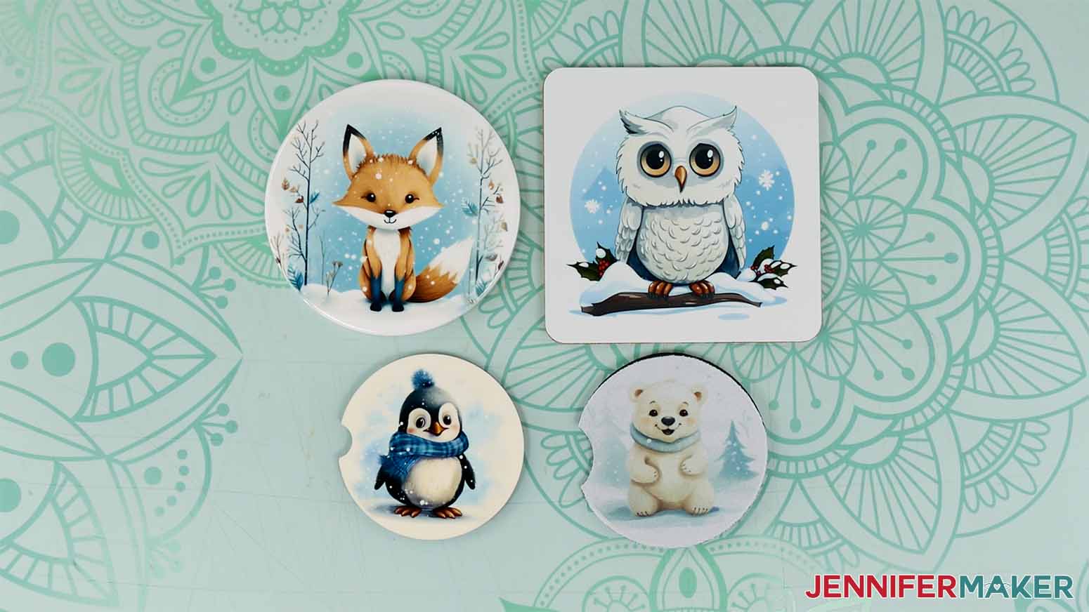 Finished variety of sublimation coasters with winter animal designs.