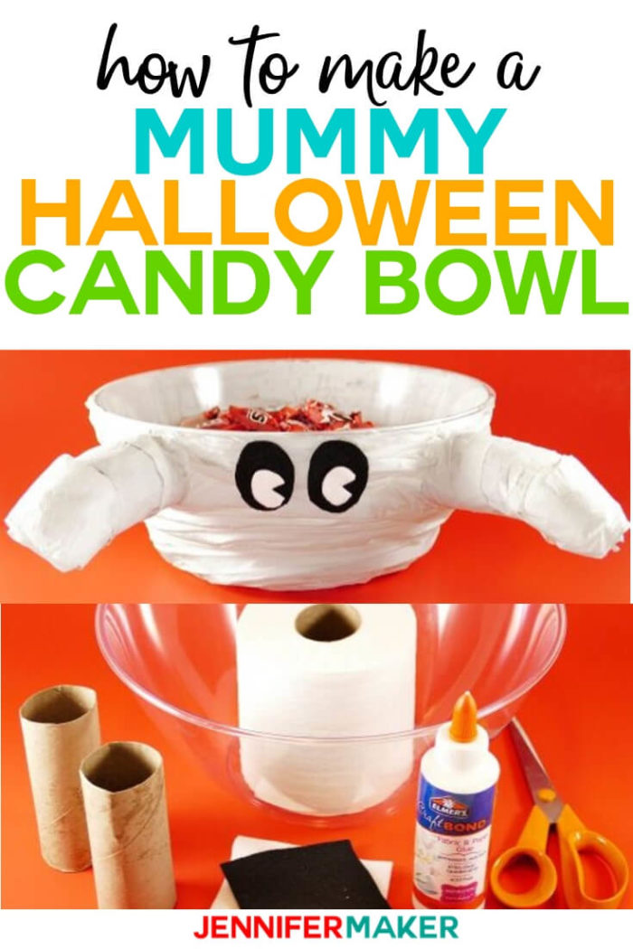 Learn how to make this cute mummy Halloween candy bowl with supplies you already have at home! This bowl is quick and easy to assemble.   #diy #tutorial #craftprojects #Halloween