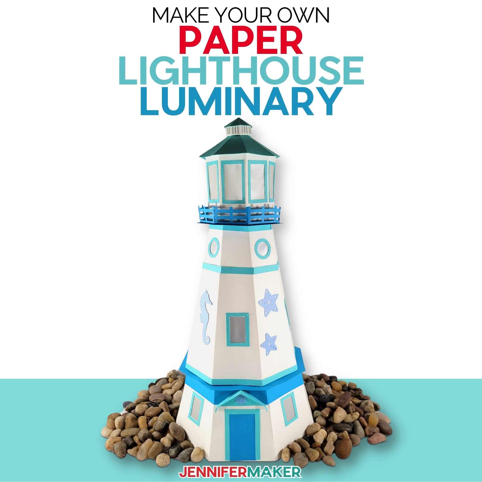 Paper Lighthouse Luminary with LED tealights - Cut on a Cricut! - Free SVG cut files and printable pattern
