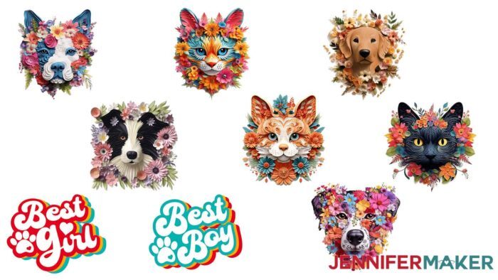 3D floral dog and cat sublimation designs for personalized pet bandanas.