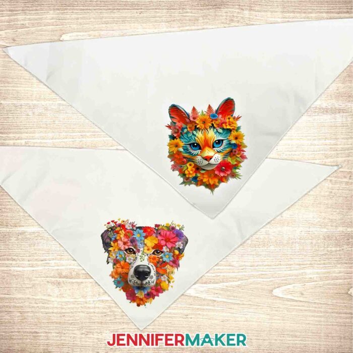 Personalized pet bandanas with 3D floral cat and dog sublimation designs.