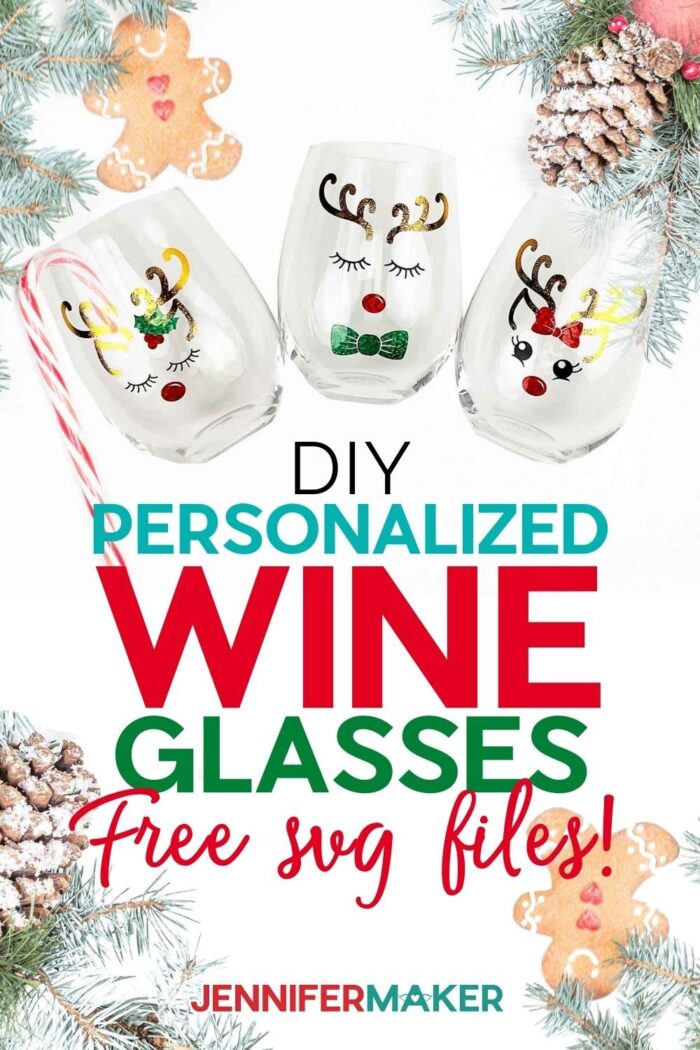DIY Personalized Wine Glasses with cute reindeer design decals applied
