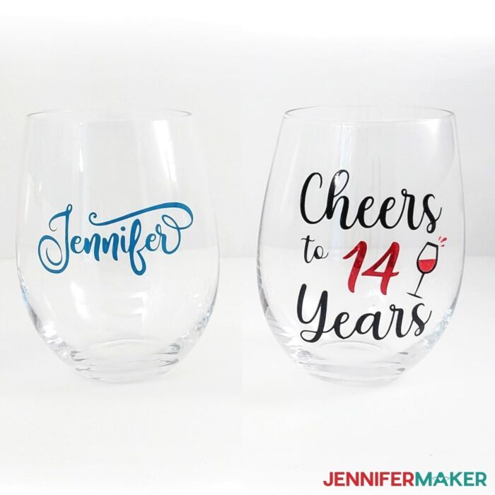 Two DIY Personalized Wine Glasses on a white background
