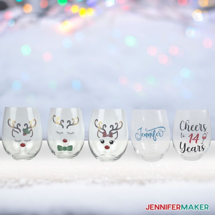 Set of five DIY Personalized Wine Glasses with vinyl decals applied to them