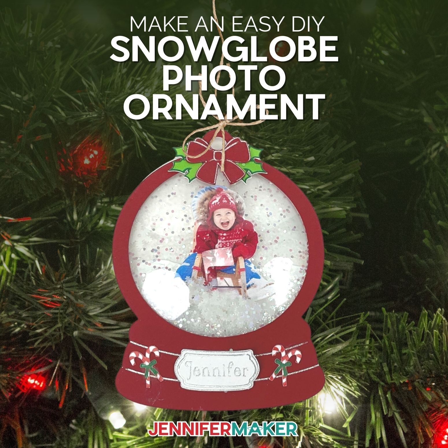 Photo Snowglobe Ornament hanging on a Christmas tree made with a design by JenniferMaker