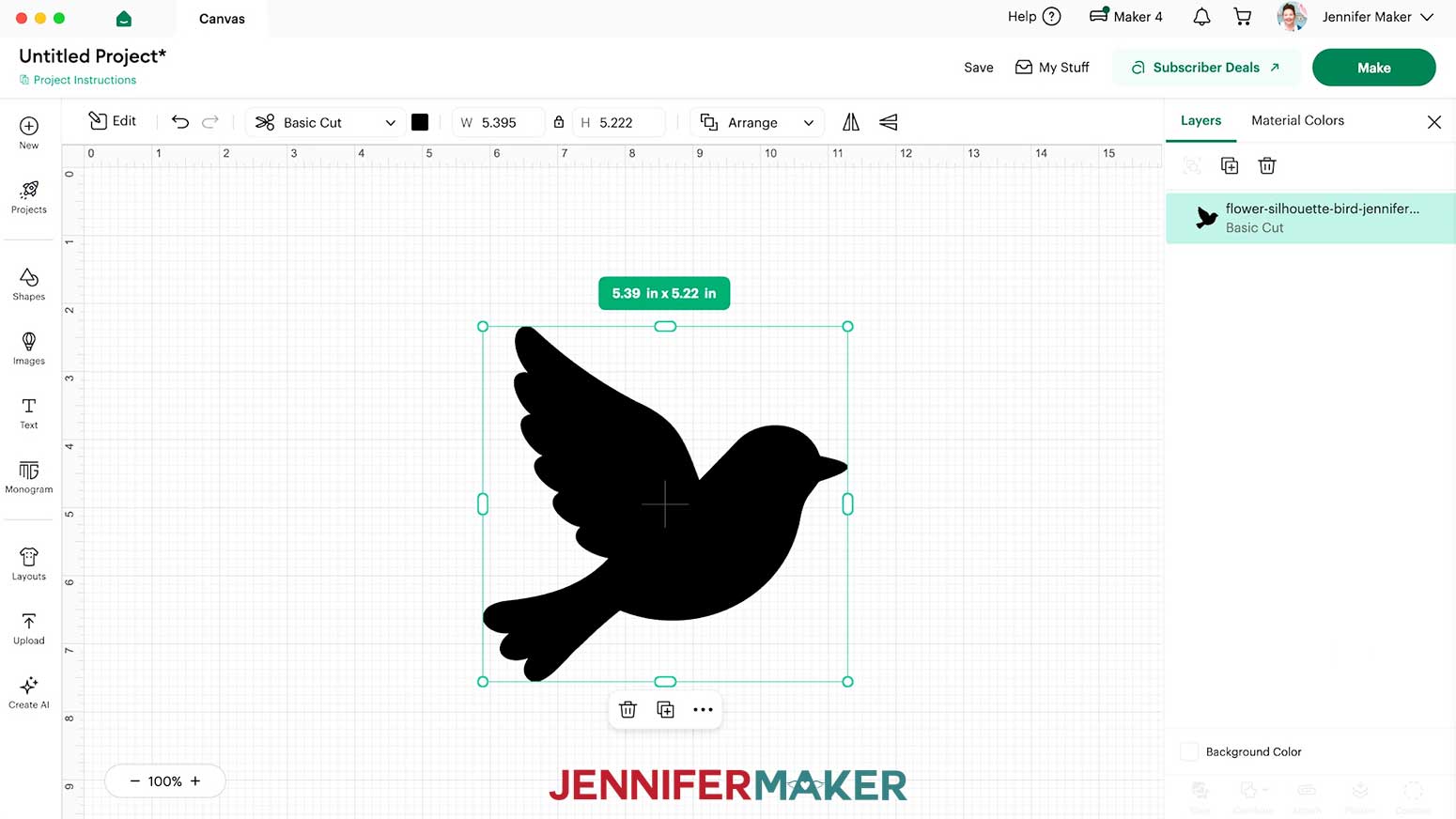 The pressed flower silhouette bird design uploaded to the Design Space canvas measuring 5.39"W x 5.22"H.