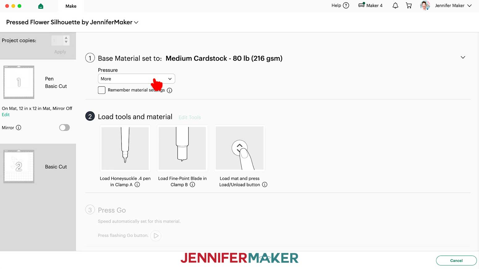 Set the base material to "Medium Cardstock - 80lb" with "More" pressure.