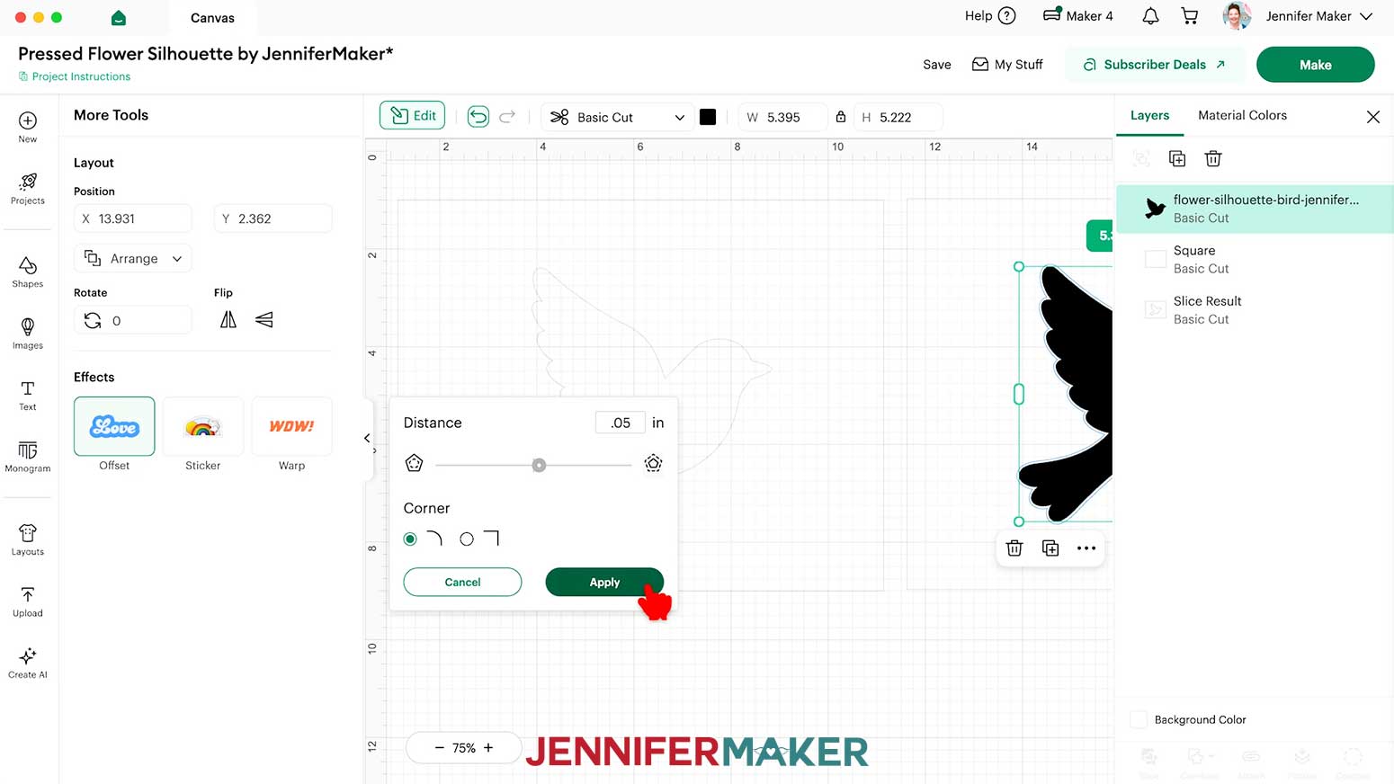 Select the bird layer on the right design layers and click on "Edit" and select "Offset." Set the offset distance to .05 with rounded corners.
