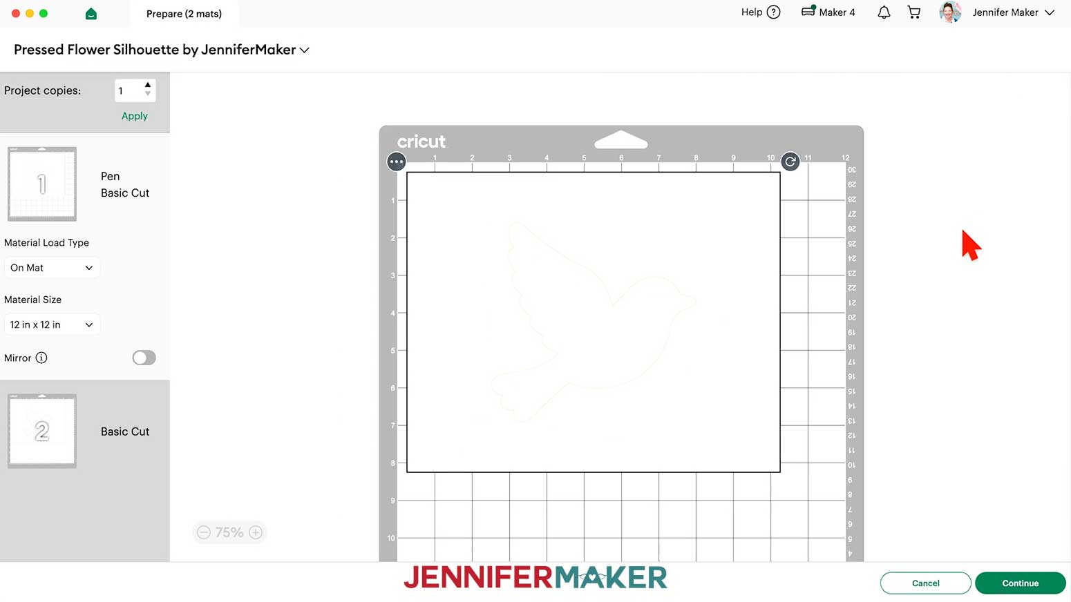 Make sure the material size is set to "12" x 12".