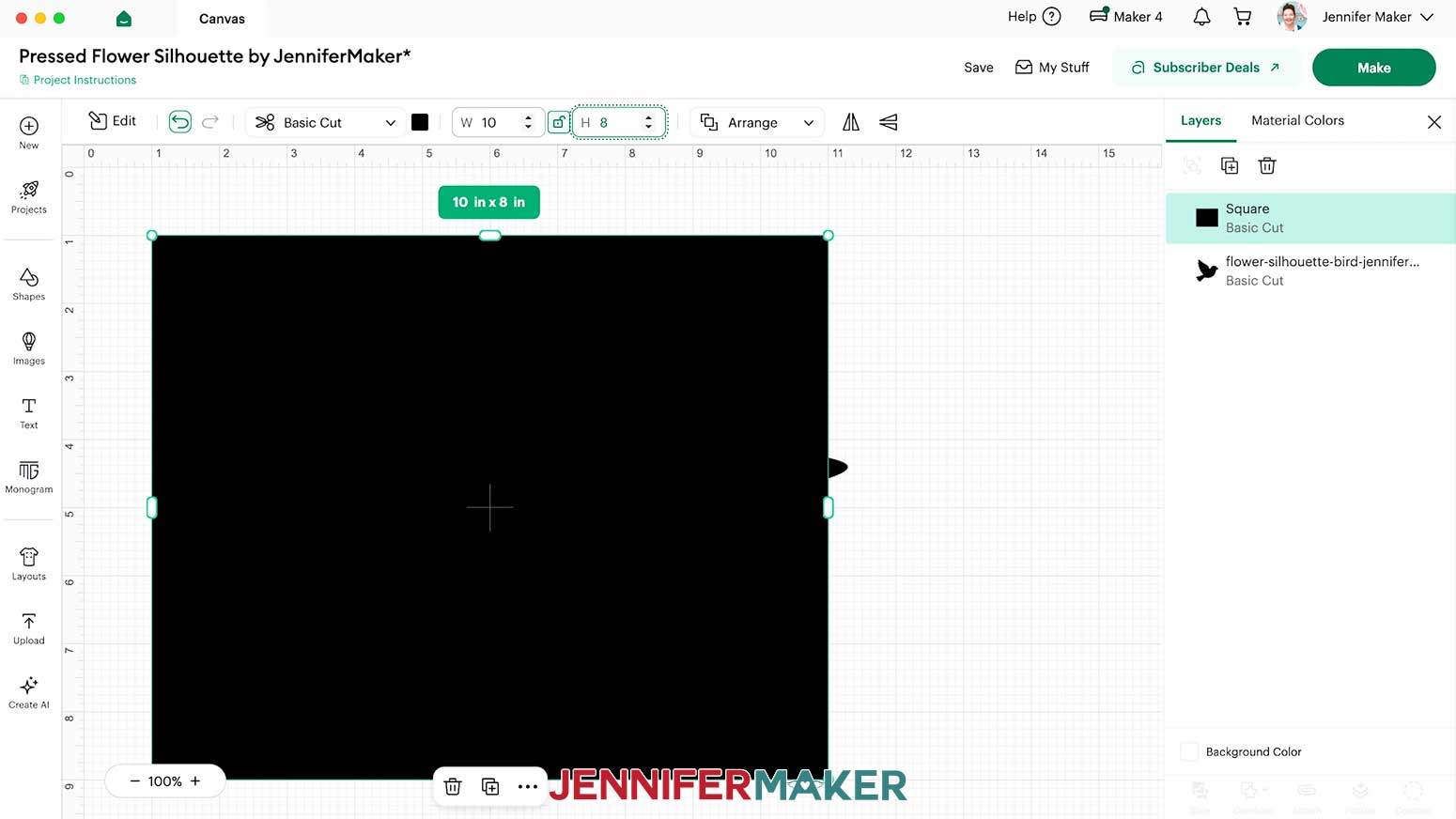 Unlock and resize the square to a 10" x 8" rectangle.