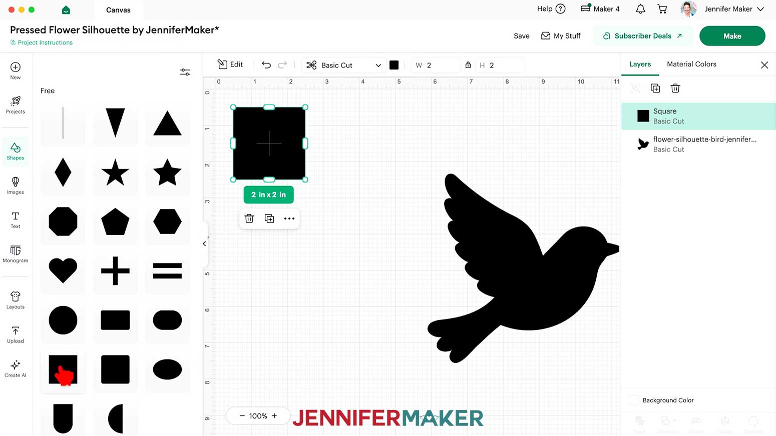 Click on the Shapes icon and select the free square.