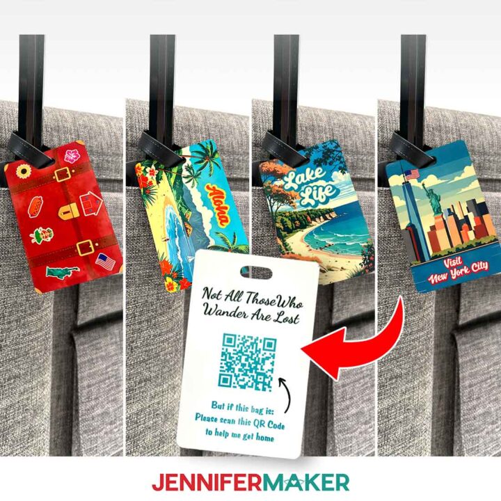 Several luggage tags with different designs and the other side of the luggage tag with QR code is in the foreground.