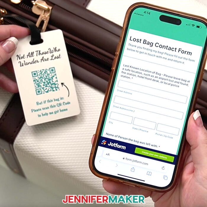 A hand holds a luggage tag with a QR code that says "Not All Those Who Wander Are Lost" at the top and "But if this bag is: Please scan this QR Code to help me get home" at the bottom. In the other hand, a phone is opened to a contact form. Learn how to Make A QR Code With Canva in the free tutorial