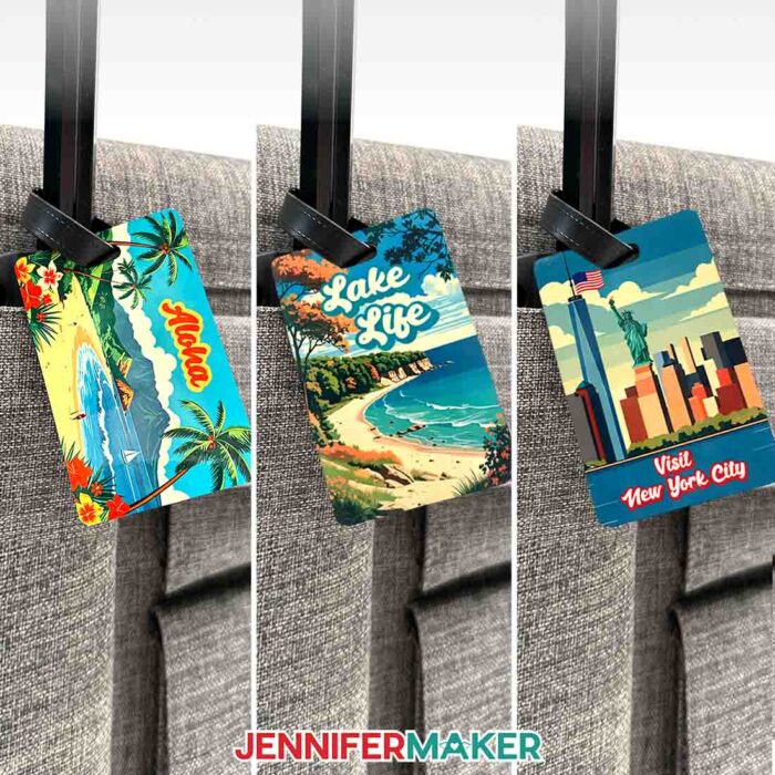 Three luggage tags sublimated with colorful destination designs hang from three suitcases. Learn how to Make A QR Code With Canva in the free tutorial
