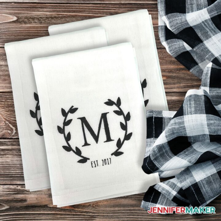 The letter M on a towel made with a reusable stencil and Cricut cutting machine