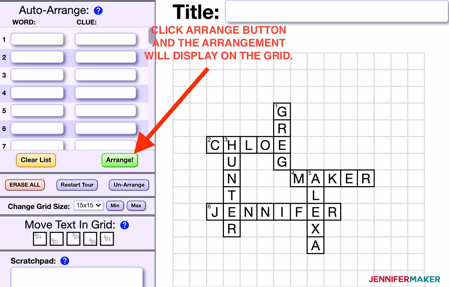 press the arrange button to see a layout of your words on the grid for my scrabble wall art
