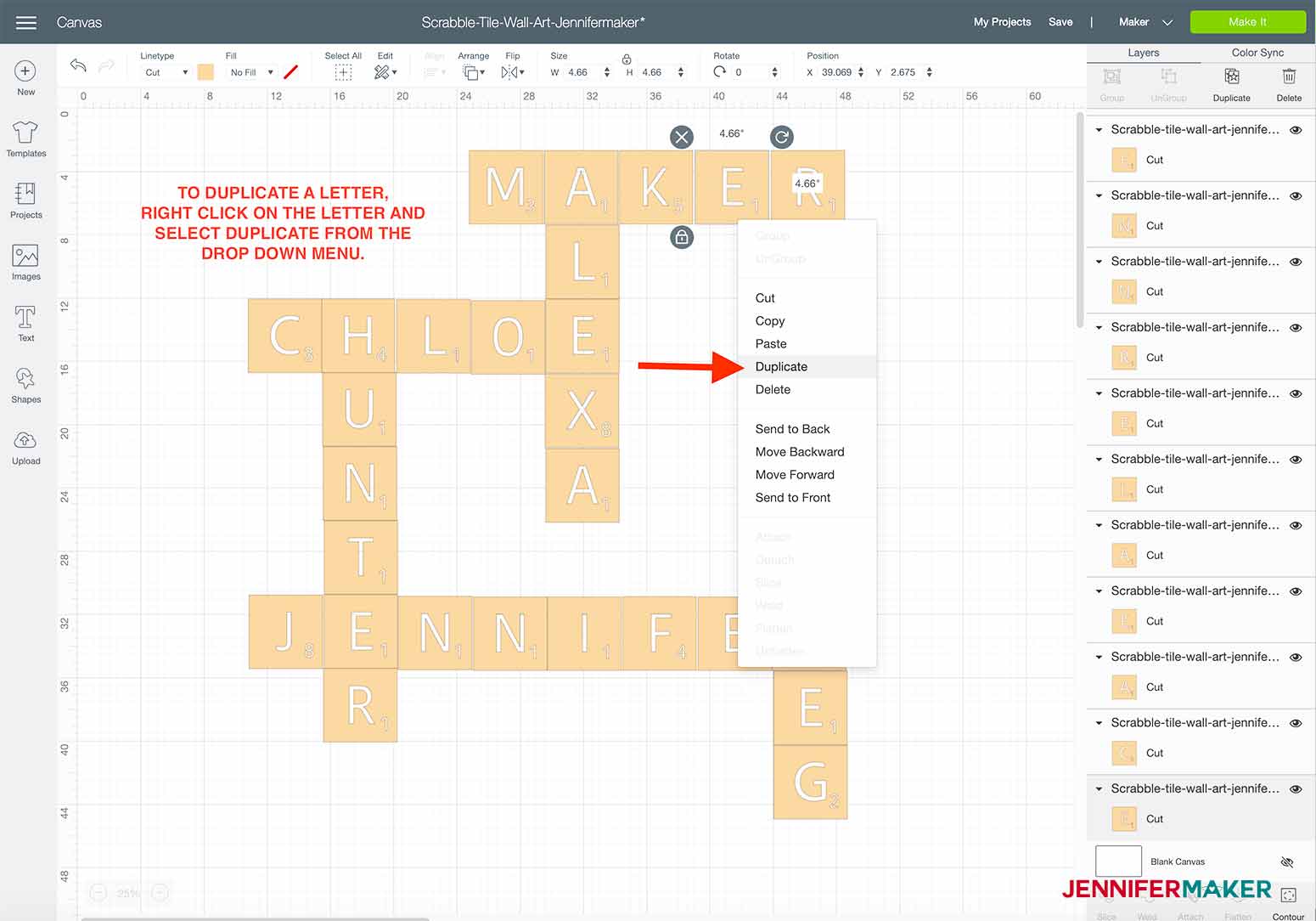 how to duplicate tiles in design space for my scrabble wall art design