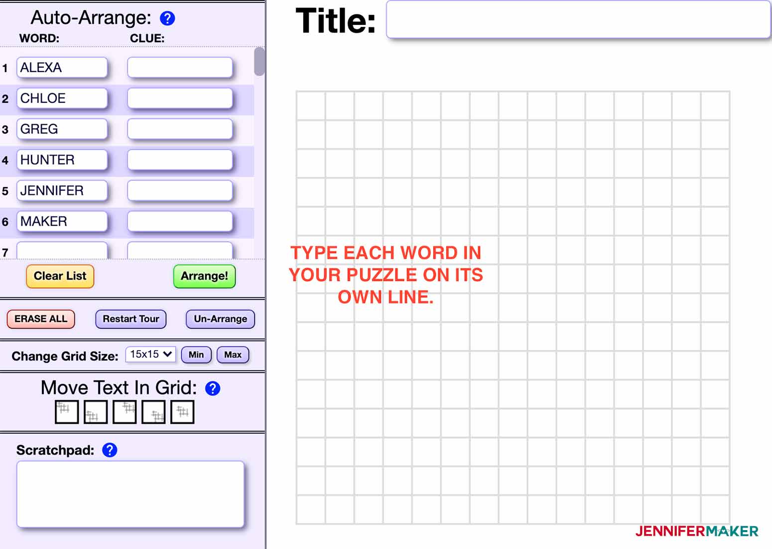 to use the tool type each word in the auto arrange column for my Scrabble Wall Art