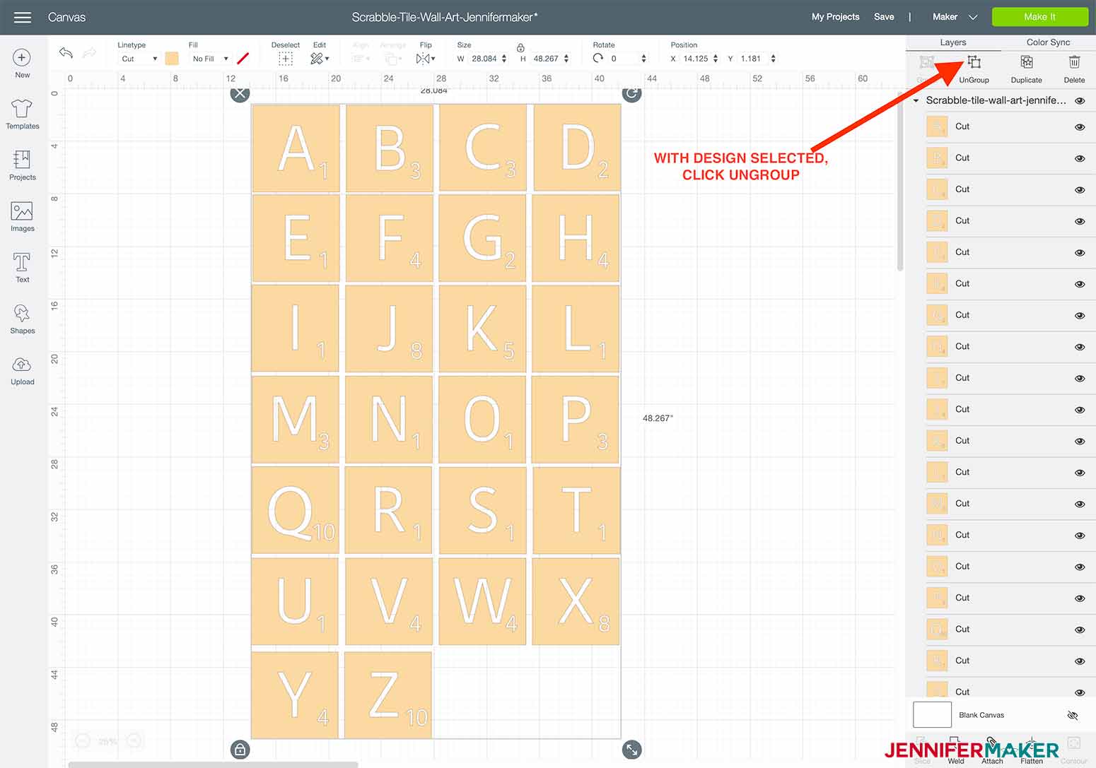 ungroup the design to begin on my Scrabble Tile Wall Art