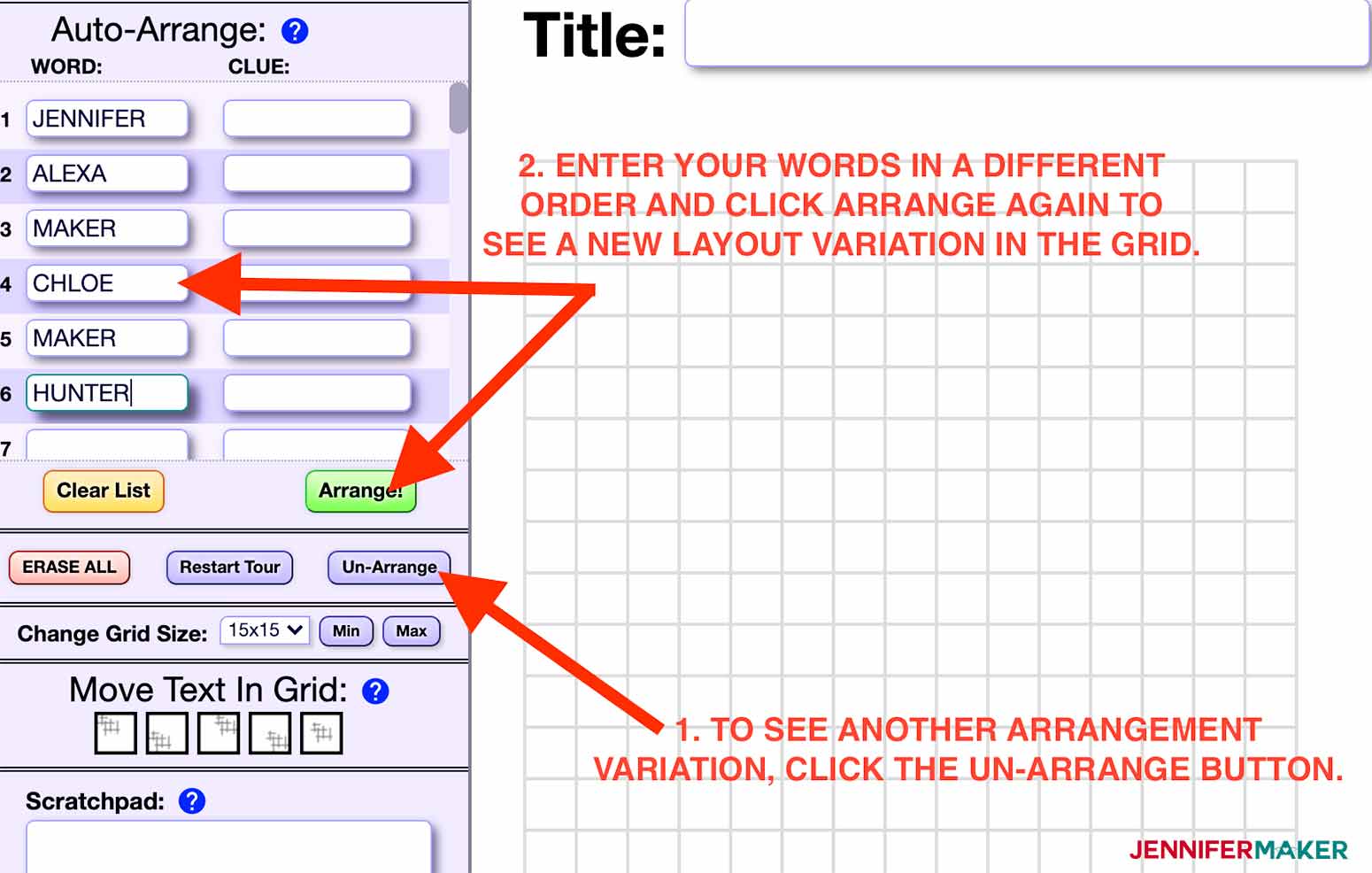 use un-arrange button to re-arrange words for my scrabble wall art