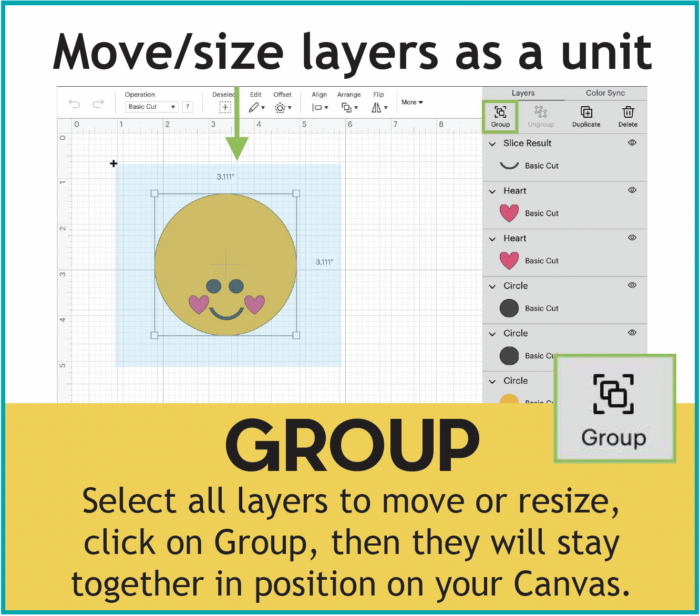 Move layers as a unit using the Group function in Cricut Design Space