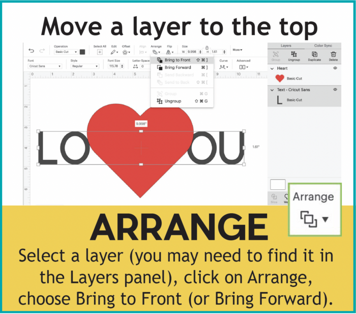 Move a layer to the top using the Arrange function in Cricut Design Space