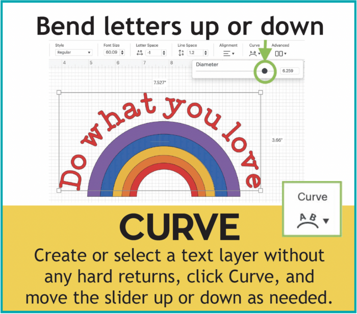 Bend letters up or down using the Curve function in Cricut Design Space